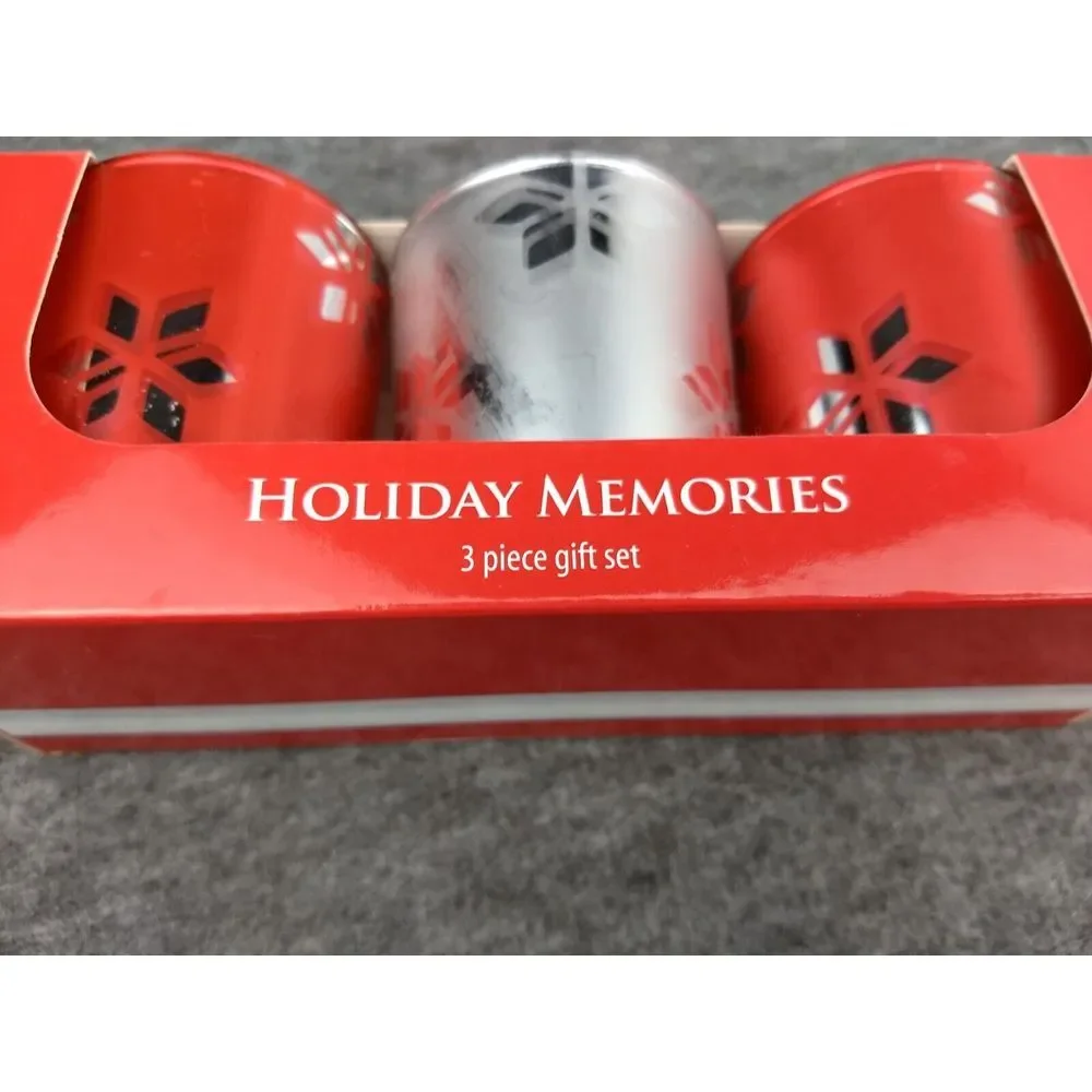 Kohls 3‎ Pc Votive Candle Gift Set Holiday Memories Red & Silver Hostess NEW
